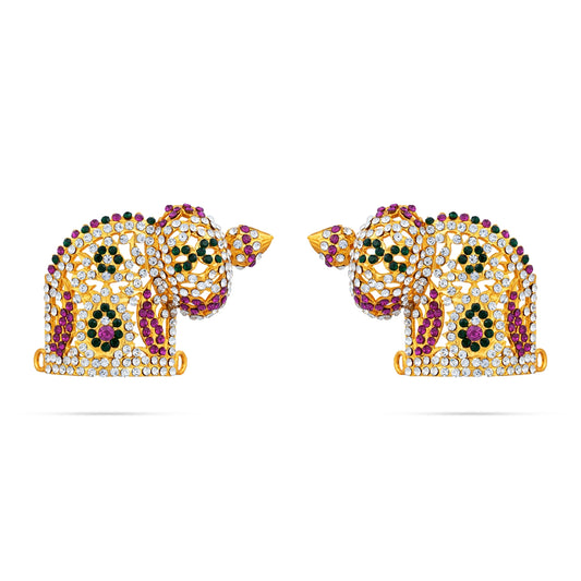 Half Sridevi Bhudevi Crown Pair - 2 X 2.75 Inches | Multicolour Stone Kireedam/ Kiridam/ Mukut For Deity Decor - Head & Face Accessories
