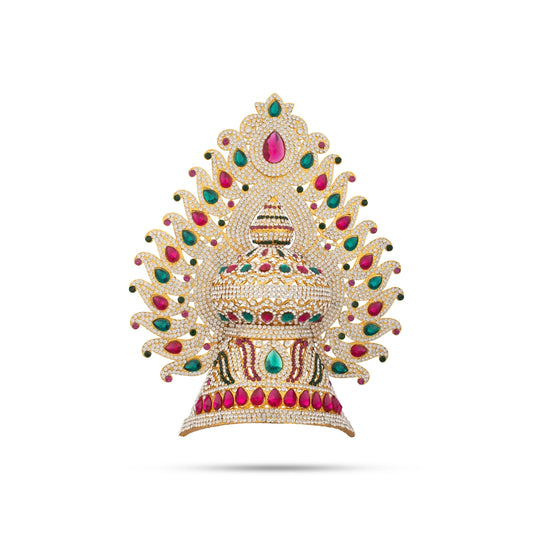 Stone Half Crown - 10.5 x 8.5 Inches | Stone Kireedam/ Multicolour Stone Mukut for Pooja - Head & Face Accessories