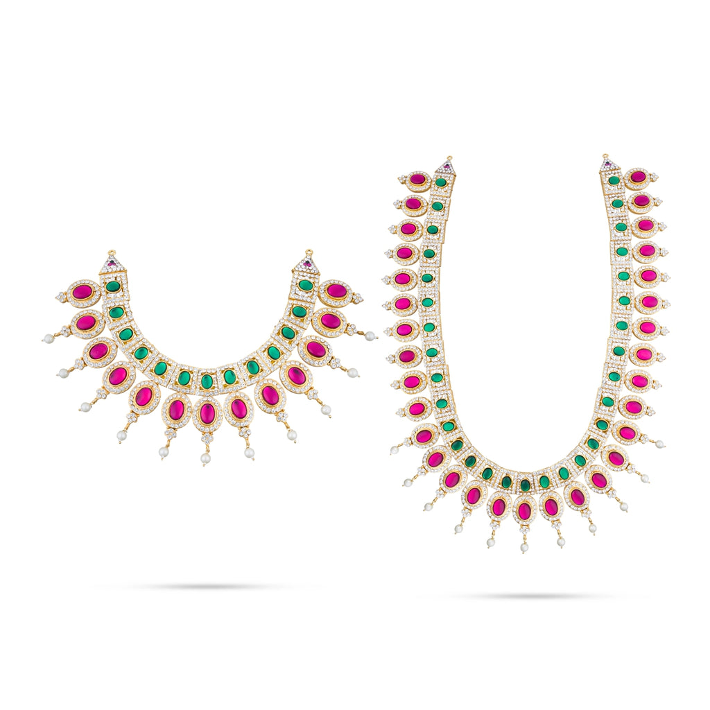 Stone Haram & Stone Necklace Set - 14 Inches | Multi Coloured Stone Jewellery for Deity Decor