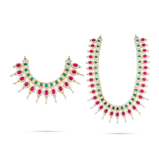 Stone Haram & Stone Necklace Set - 14 Inches | Multi Coloured Stone Jewellery for Deity Decor - Neck & Body Accessories