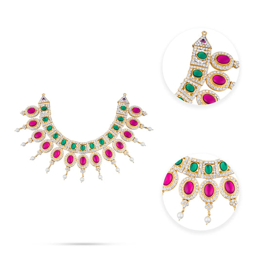 Stone Haram & Stone Necklace Set - 14 Inches | Multi Coloured Stone Jewellery for Deity Decor - Neck & Body Accessories