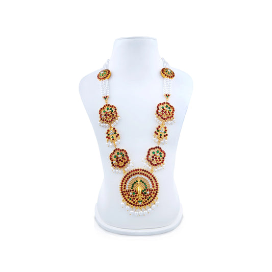 Kemp Moti Haram - 12 Inches | 3 Line Long Moti Necklace/ Multi Coloured Stone Jewellery for Dance - Bharatanatyam Jewellery