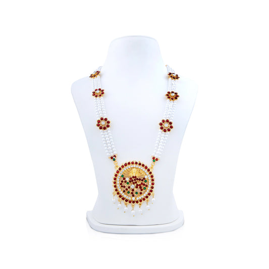 Kemp Moti Haram - 12 Inches | 3 Line Long Moti Necklace/ Multi Coloured Stone Jewellery for Dance - Bharatanatyam Jewellery