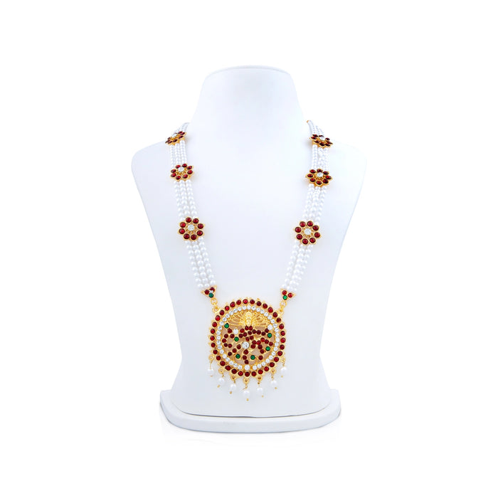 Kemp Moti Haram - 12 Inches | 3 Line Long Moti Necklace/ Multi Coloured Stone Jewellery for Dance