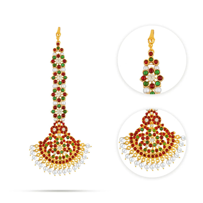 Kemp Nethi Chutti - 6.5 Inches | 1 Line Maangtikka/ Stone Jewellery/ Moti Beads Artificial Jewelry For Dance