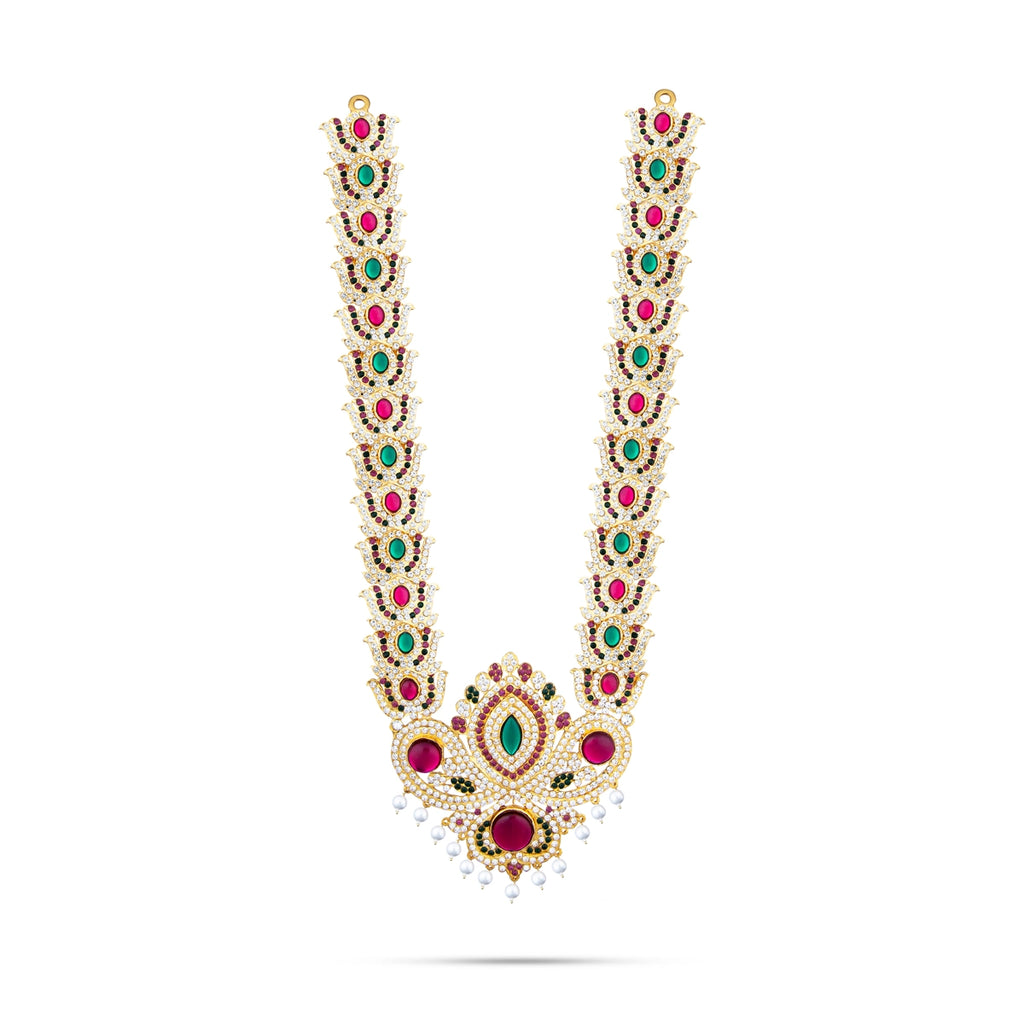 Stone Haram - 16 Inches | Multi Coloured Stone Jewellery/ Lotus Design Long Stone Necklace for Deity