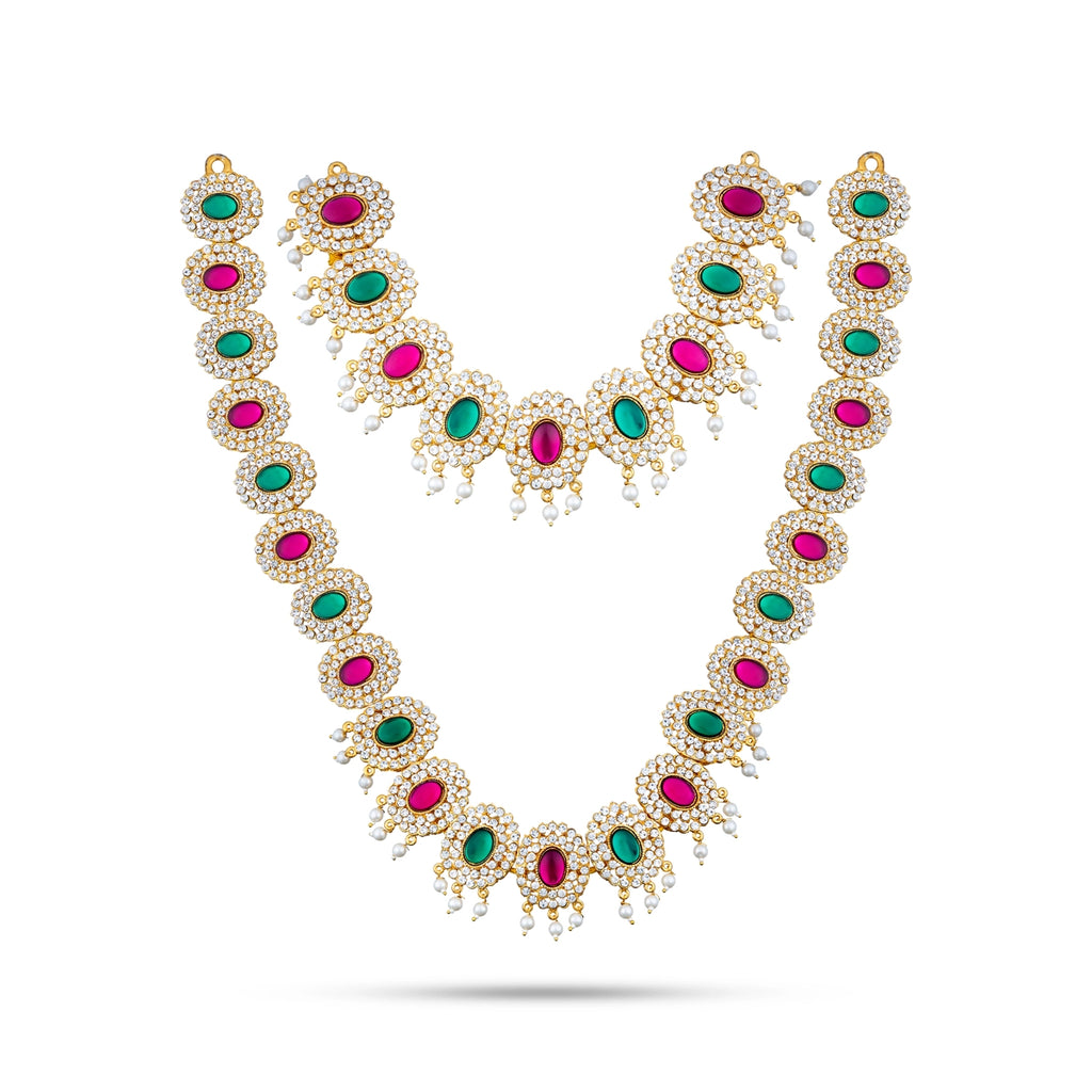 Stone Haram & Stone Necklace Set - 12 Inches | Multi Coloured Stone Jewellery for Deity Decor