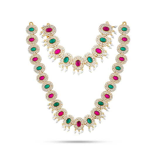 Stone Haram & Stone Necklace Set - 12 Inches | Multi Coloured Stone Jewellery for Deity Decor - Neck & Body Accessories