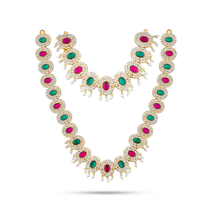 Stone Haram & Stone Necklace Set - 12 Inches | Multi Coloured Stone Jewellery for Deity Decor