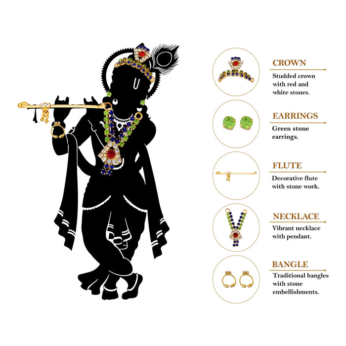 Mukut Jewellery Set | Deity Ornament/ Crown, Necklace, Earrings & Flute Accessories for Krishna Alangaram