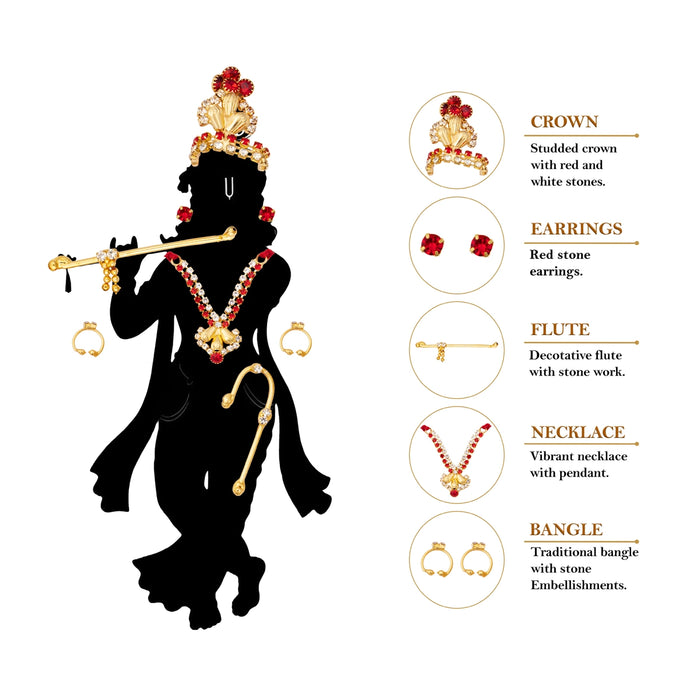 Krishna Mukut Set | God Accessories/ Crown, Necklace, Earrings & Flute Jewellery for Bal Gopal & Deity Decor