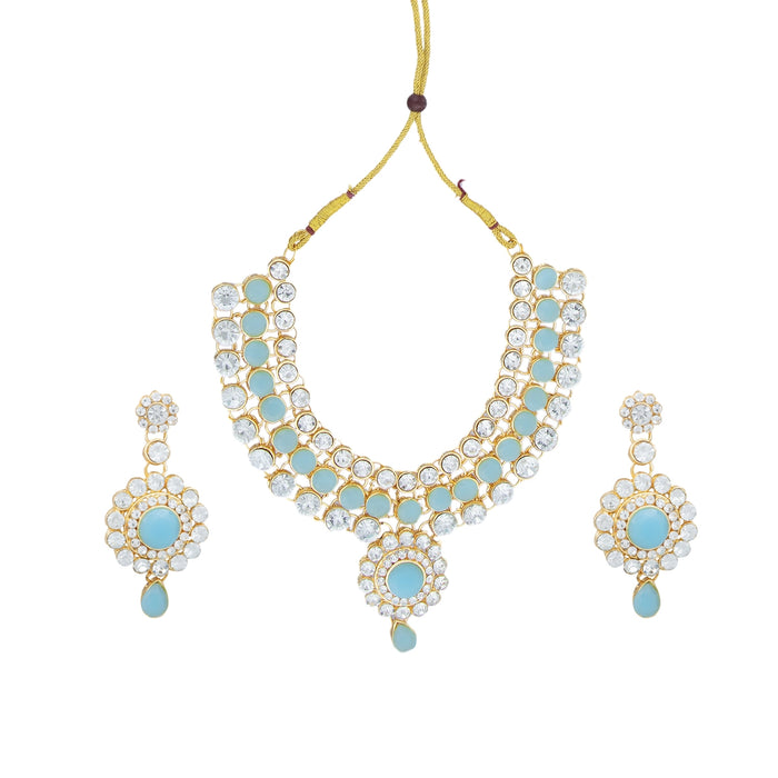 Stone Ear Ring And Necklace & Nose Pin Set | Blue Colour Stone Jewellery Set for Women