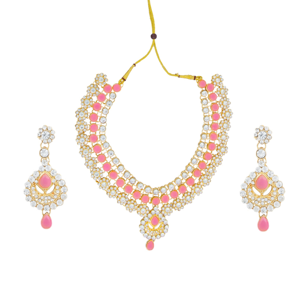 Stone Ear Ring And Necklace & Nose Pin Set | Pink Colour Stone Jewellery Set for Women