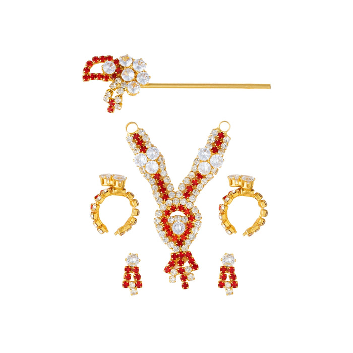 Deity Jewellery Set Without Crown | Stone Necklace, Earrings, Bangle & Flute/ Jewel Set for Krishna & Deity Decor