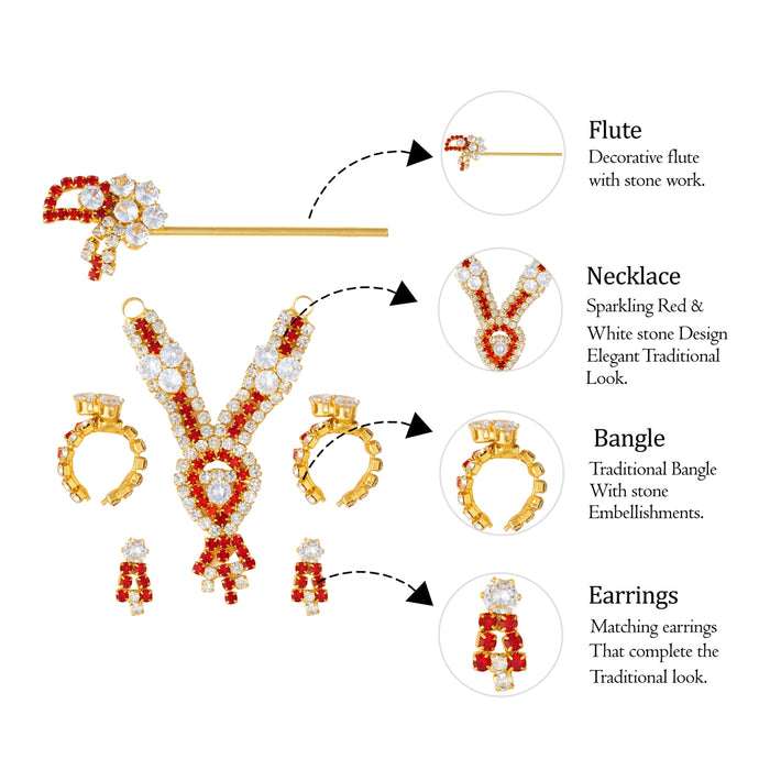 Deity Jewellery Set Without Crown | Stone Necklace, Earrings, Bangle & Flute/ Jewel Set for Krishna & Deity Decor