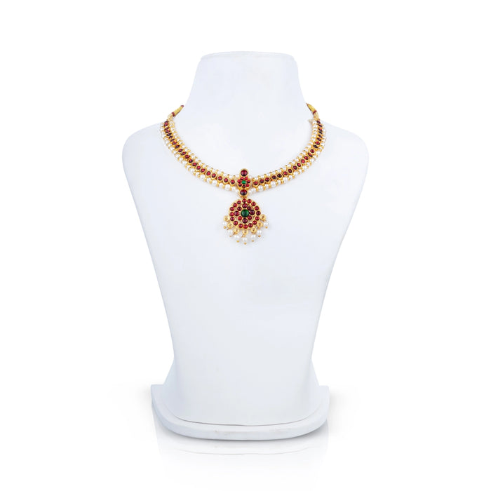 Kemp Stone Necklace - 5 x 6.5 Inches | Pearl Artificial Jewelry/ Bharatanatyam Jewellery For Traditional Dance - Bharatanatyam Jewellery