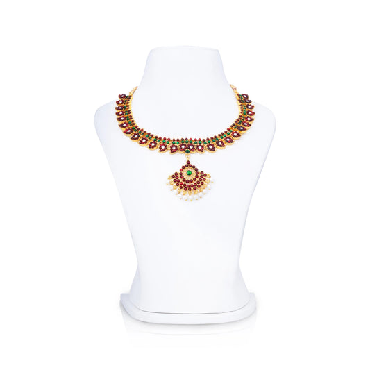 Kemp Stone Necklace - 4.5 x 6 Inches | Artificial Jewelry/ Multicolour Stone Bharatanatyam Jewellery for Women - Bharatanatyam Jewellery