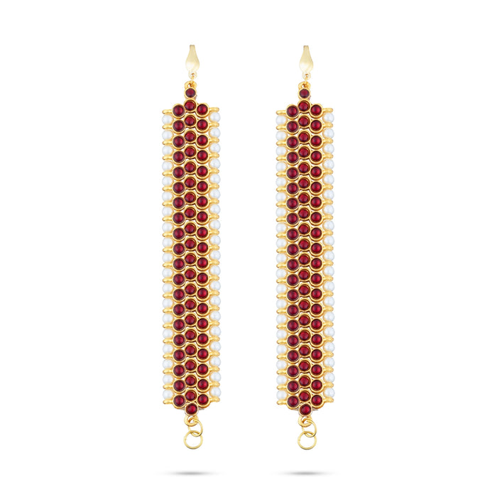 Earring Mattal Pair - 4 x 0.75 Inches | Kemp Stone With Beads Design Ear Chain/ Artificial Jewelry for Women - Bharatanatyam Jewellery