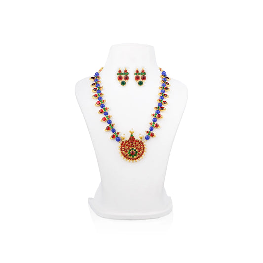 Stone Necklace With Earring Pair - 7 x 6 Inches | Bharatanatyam Jewellery/ Artificial Jewelry for Dance - Dance Jewellery Set