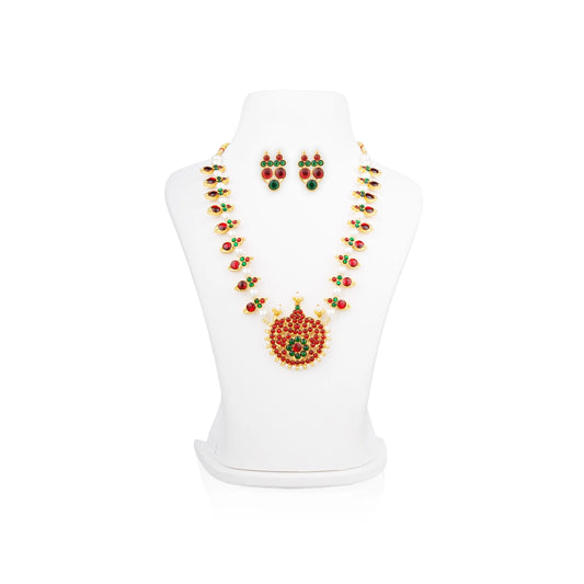 Stone Necklace With Earring Pair - 7 x 6 Inches | Bharatanatyam Jewellery/ Artificial Jewelry for Dance - Dance Jewellery Set