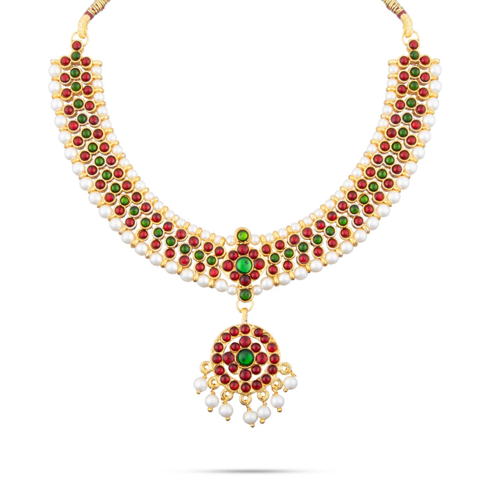 Kemp Stone Haram & Stone Necklace & Stone Earring Set | Beads With Stone Jewellery/ Dance Jewelry for Women - Bharatanatyam Jewellery