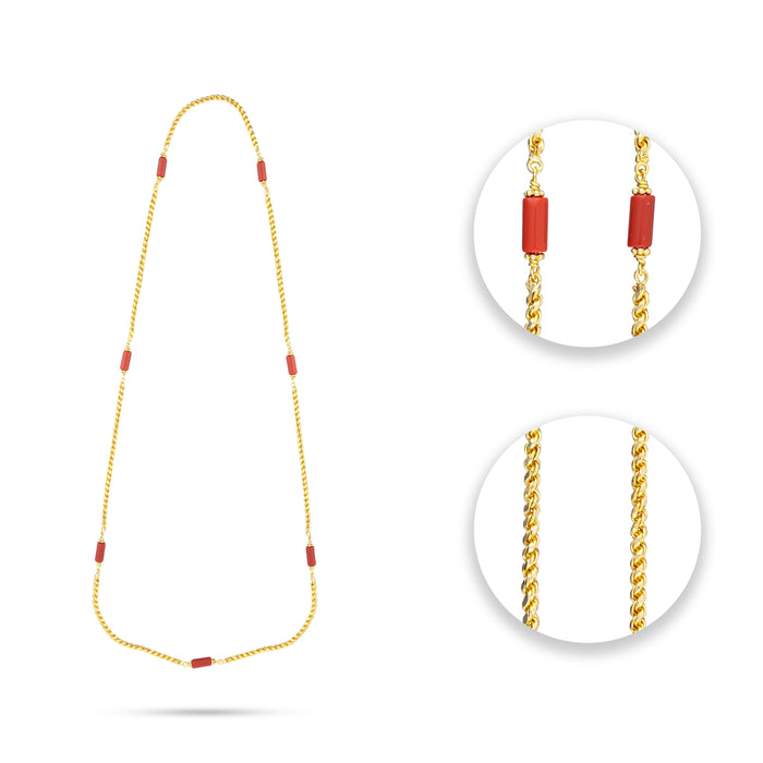 Coral Beads With Chain - 14 Inches | Gold Polish Jewellery/ Coral Beads Jewelry for Women