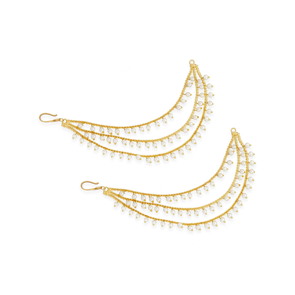 Ear Chain Pair - 6 Inches | 3 Line Moti Beads Earring Chain/ Gold Polish Earring Mattal for Women