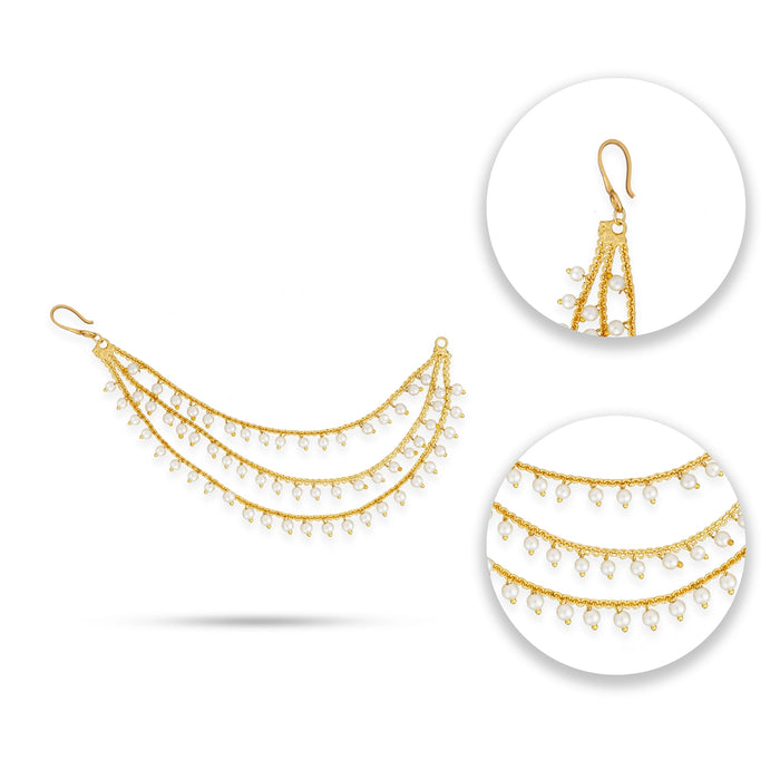 Ear Chain Pair - 6 Inches | 3 Line Moti Beads Earring Chain/ Gold Polish Earring Mattal for Women