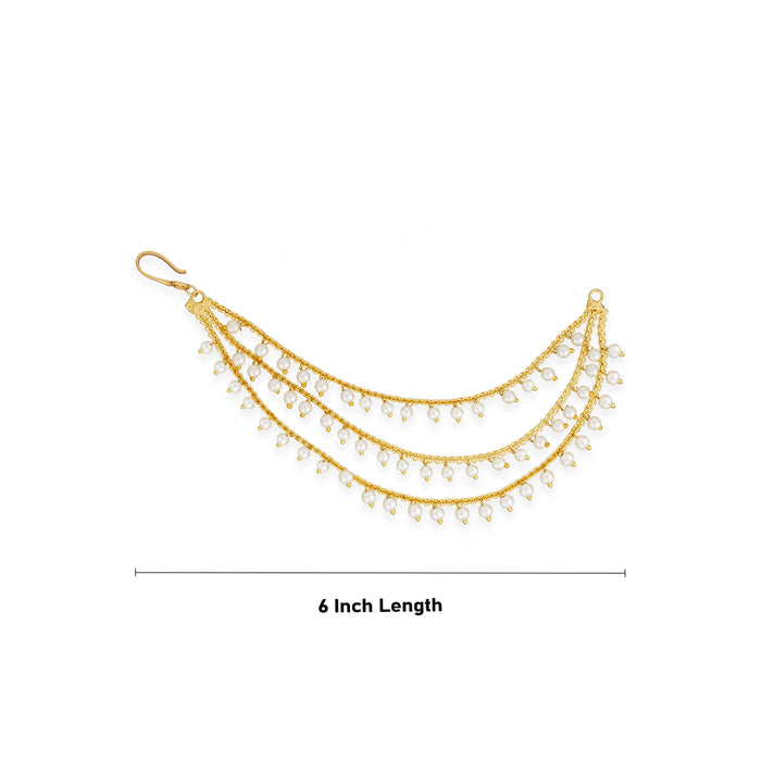 Ear Chain Pair - 6 Inches | 3 Line Moti Beads Earring Chain/ Gold Polish Earring Mattal for Women