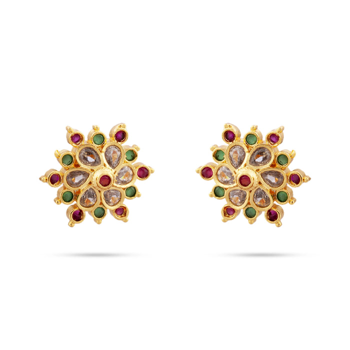 Stone Earrings Pair - 0.75 x 0.75 Inches | Multicolour Stone Studs/ Gold Polish Ear Ring/ Stone Jewellery for Women