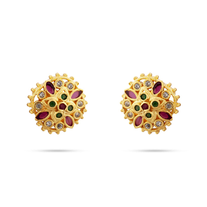 Stone Earrings Pair - 0.75 x 0.75 Inches | Multicolour Stone Studs/ Gold Polish Ear Ring/ Stone Jewellery for Women