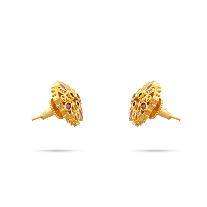 Stone Earrings Pair - 0.75 x 0.75 Inches | Multicolour Stone Studs/ Gold Polish Ear Ring/ Stone Jewellery for Women