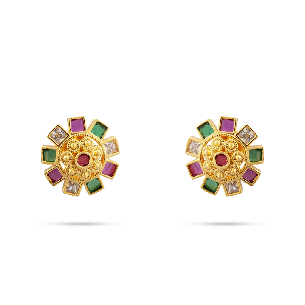 Stone Earrings Pair - 0.75 x 0.75 Inches | Multicolour Stone Studs/ Gold Polish Ear Ring/ Stone Jewellery for Women