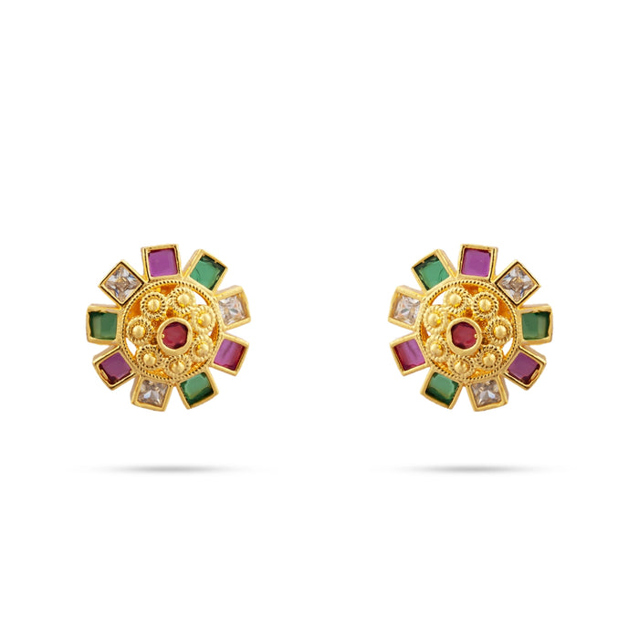 Stone Earrings Pair - 0.75 x 0.75 Inches | Multicolour Stone Studs/ Gold Polish Ear Ring/ Stone Jewellery for Women