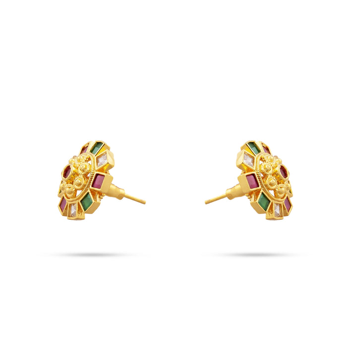 Stone Earrings Pair - 0.75 x 0.75 Inches | Multicolour Stone Studs/ Gold Polish Ear Ring/ Stone Jewellery for Women