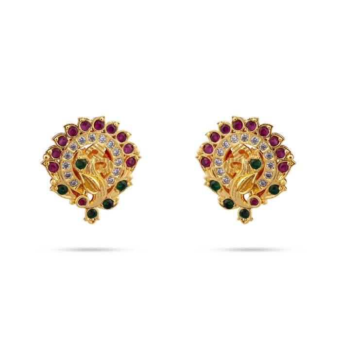 Stone Earrings Pair - 0.75 x 0.75 Inches | Multicolour Stone Studs/ Gold Polish Ear Ring/ Stone Jewellery for Women