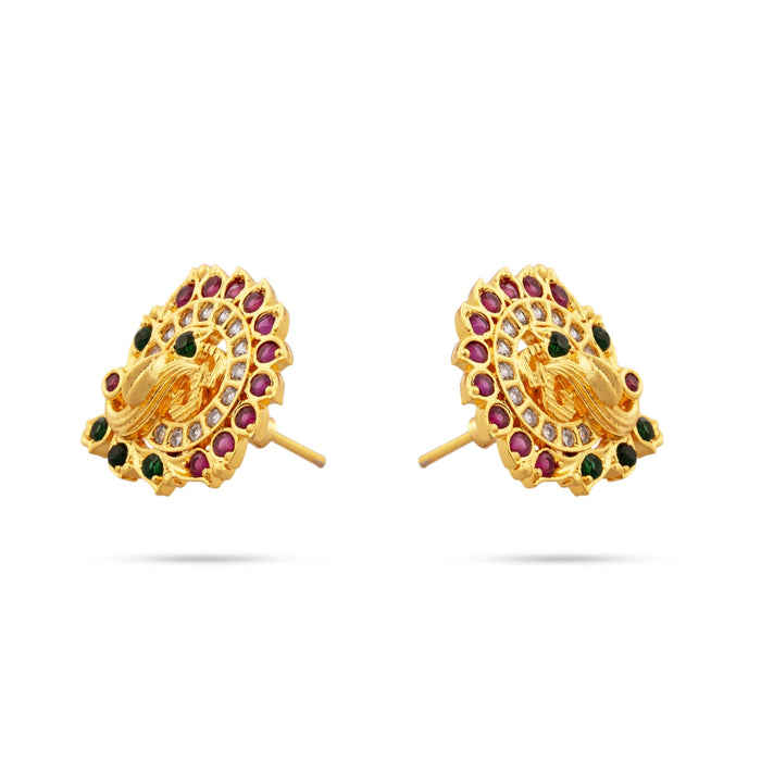 Stone Earrings Pair - 0.75 x 0.75 Inches | Multicolour Stone Studs/ Gold Polish Ear Ring/ Stone Jewellery for Women