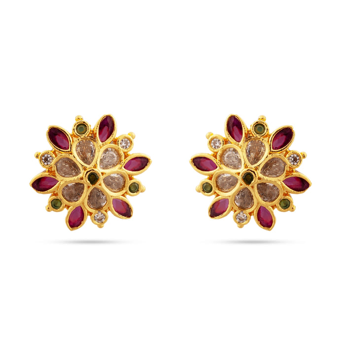 Stone Earrings - 1 x 1 Inches | Gold Polish With Stone Stud Earrings/ Ear Studs/ Stone Jewellery for Women/ Asoorted