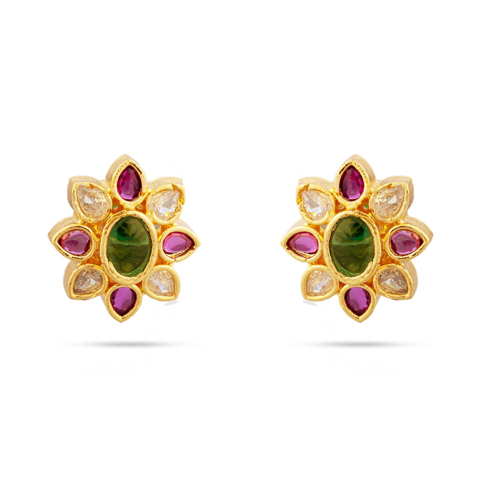 Stone Earrings - 1 x 1 Inches | Gold Polish With Stone Stud Earrings/ Ear Studs/ Stone Jewellery for Women/ Asoorted