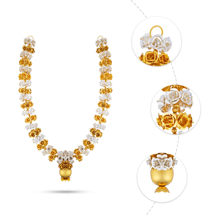 Rose Mala - 15 Inches | Gold & Silver Polish Necklace / Floral Mala for Pooja Decor