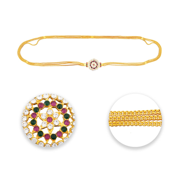 Mugappu Chain - 18 Inches | 3 Line Mogappu Chain/ Gold Polish With Multicolour Stone Artificial Jewellery for Women - Ethnic Wear Accessories