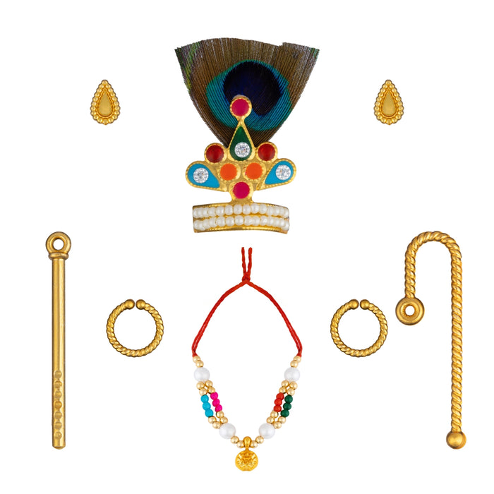 Mala Mukut Set - 2 Inches | Stone & Beads Krishna Jewelry Set/ Crown, Mala & Earrings for Deity Alangaram