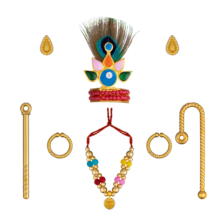 Mala Mukut Set - 2 Inches | Deity Ornament Set / Beaded Necklace & Earrings for Krishna Idol