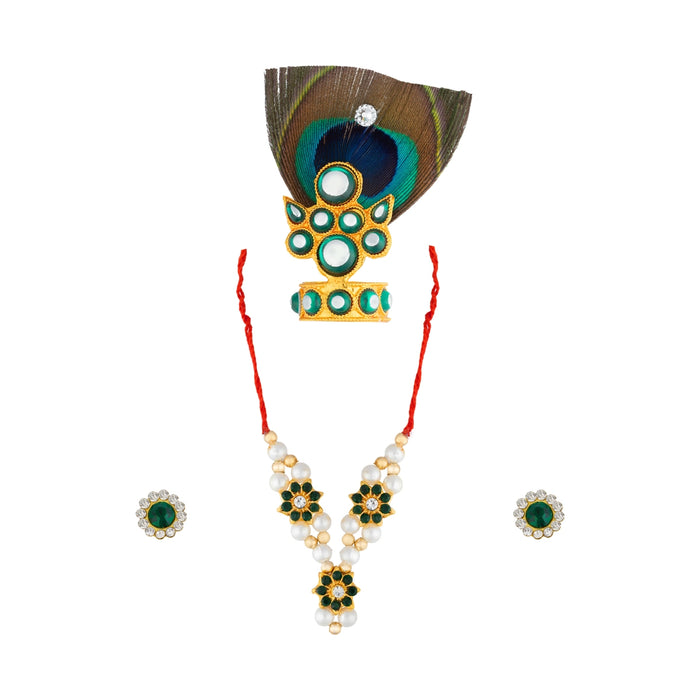 Mala Mukut Set - 2 Inches | Decorative God Idol Jewelry Set/ Mukut, Mala & Earrings for Krishna Idol