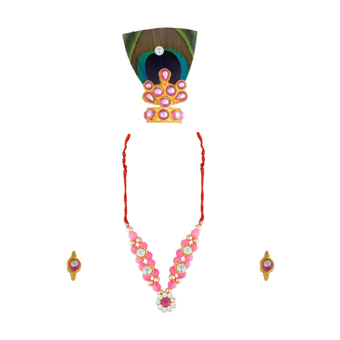 Mala Mukut Set - 2 Inches | Elegant Krishna deity jewellery Set/ Kireedam, Necklace & Earrings for Temple Decor