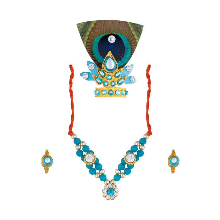 Mala Mukut Set - 1.5 Inches | Peacock Feather Krishna Ornament Set / Deity Necklace, Crown & Earrings