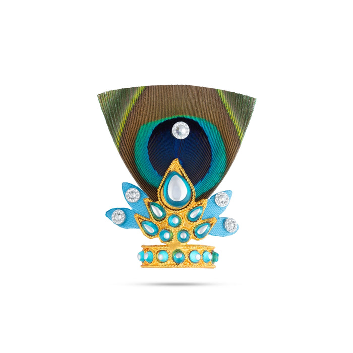 Mala Mukut Set - 1.5 Inches | Peacock Feather Krishna Ornament Set / Deity Necklace, Crown & Earrings