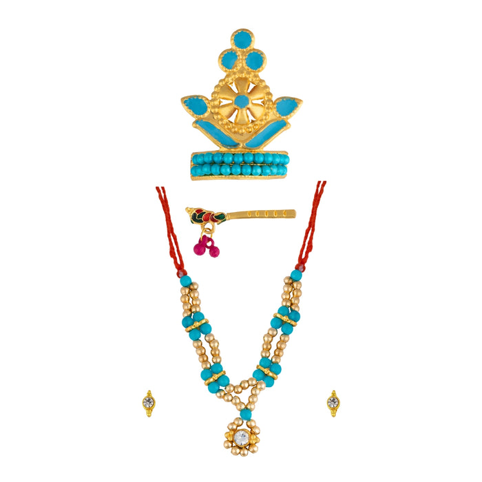 Mala Mukut Set - 2 Inches | Deity Jewelry Set / Mukut, Mala & Earrings For Krishna Alangaram