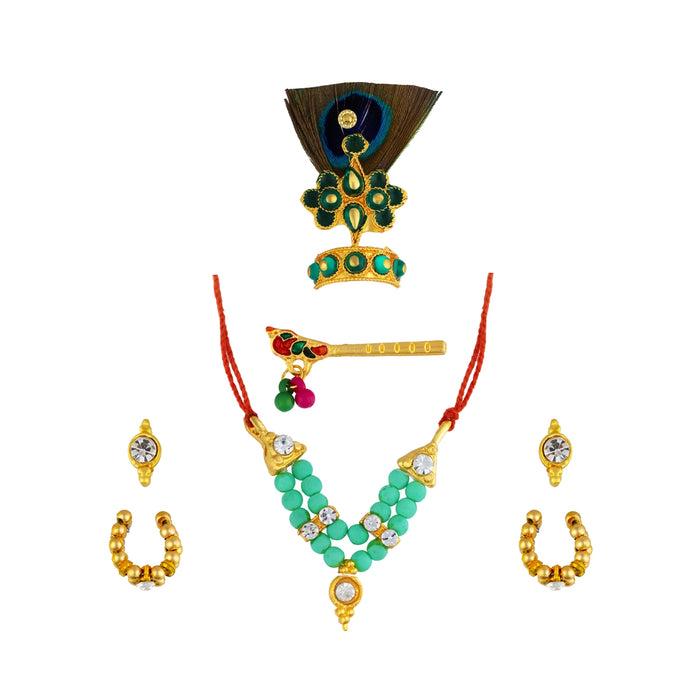Mala Mukut Set - 1.25 Inches | Krishna Jewel Set/ Deity Ornament Set Crown, Necklace & Earrings