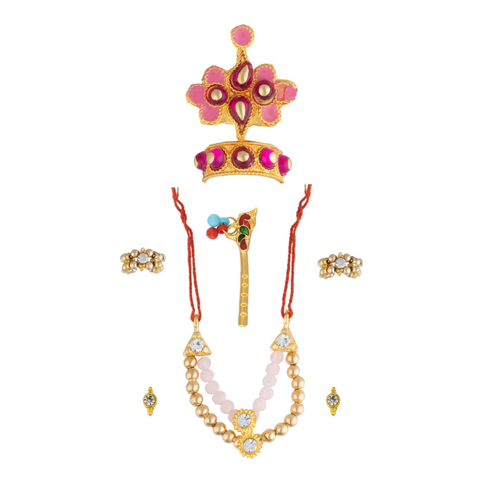 Mala Mukut Set - 2 Inches | Lord Krishna Jewellery Set / Crown, Mala & Earrings for Deity Decoration
